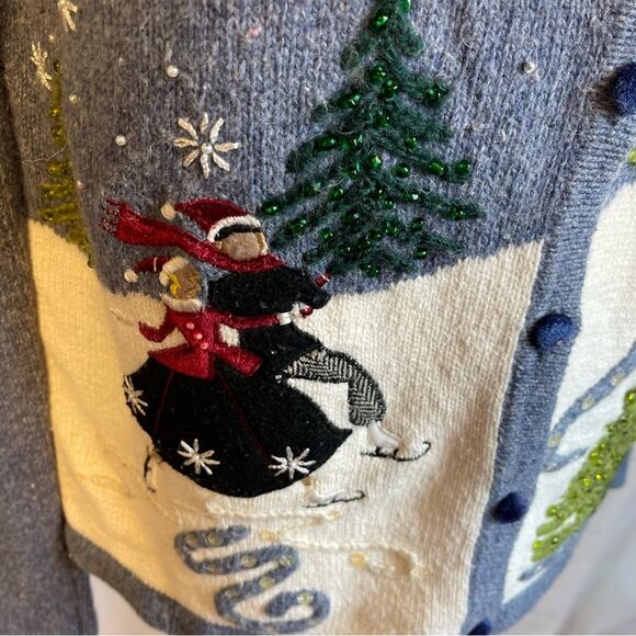 Winter Scene Vintage Sweater Cardigan Embroidered Beaded Reference Point Medium - Picture 5 of 12